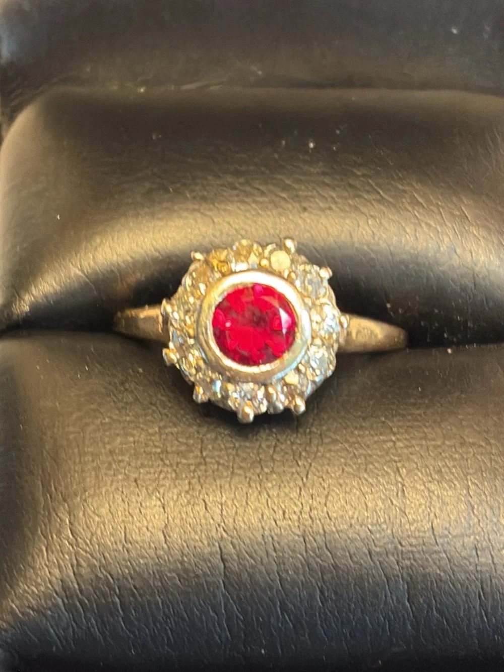 Antique 14K Yellow Gold Synthetic Ruby and Diamond Ring Sz 7